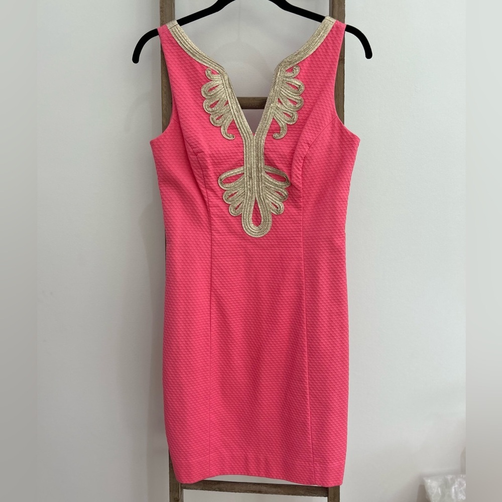 Lilly Pulitzer Janice Pink Shift Dress Metallic Gold Embroidery Size 4